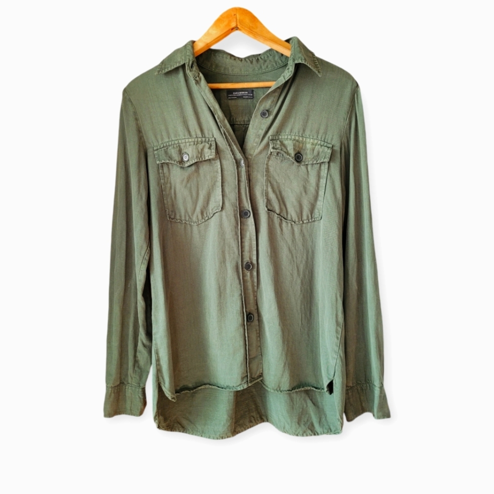 Zara Lyocell Button-down Utility Shirt in Forest Green size medium